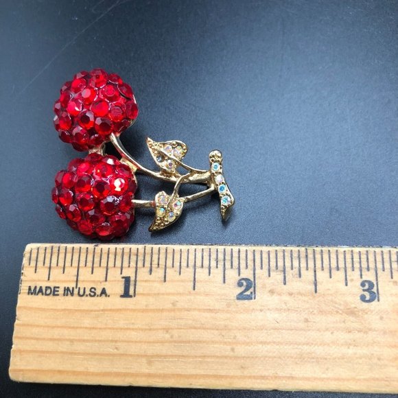 Vintage Signed Suzanne Bjontegard Faux Ruby Red Cherries Brooch FLAW - Picture 8 of 10